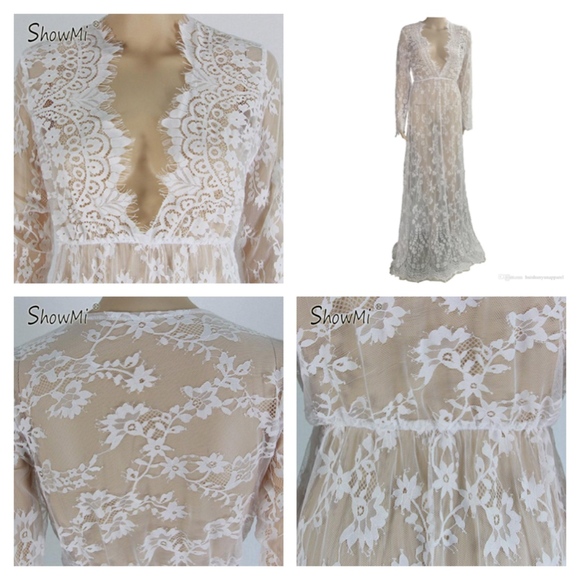 New Boho All Lace White Deep V Long Lingerie Dress - Picture 6 of 16